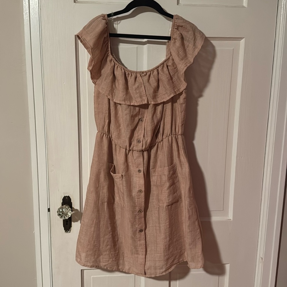 Peach Love California Peach Button Up Off the Shoulder Large Mini Dress
